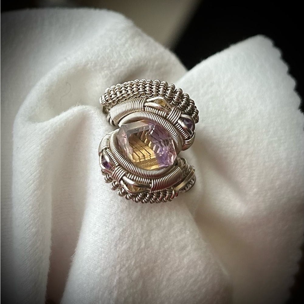 Ametrine, Amethyst and Citrine Sterling Silver Wire Wrapped Ring